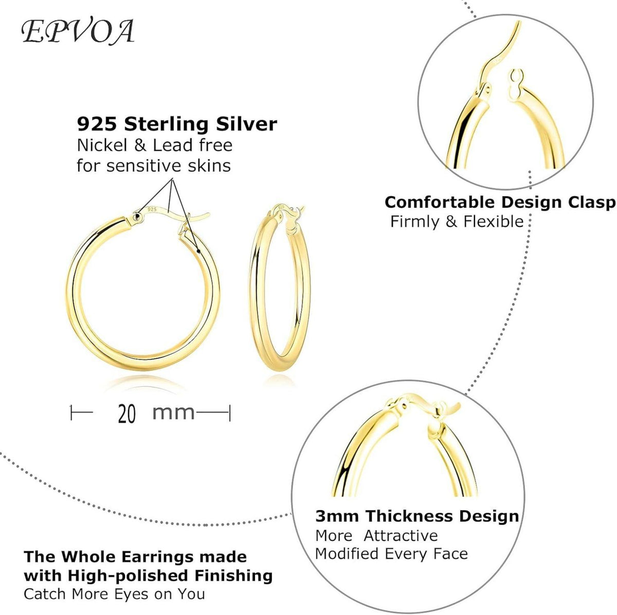 925 Sterling Silber Creolen für Damen, hypoallergen, 20mm