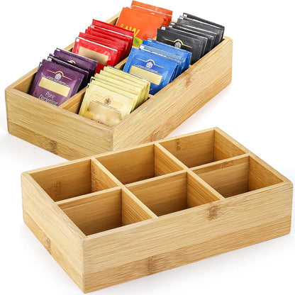 Bambus Teebox Aufbewahrung Organizer 6 Fächer für Tee Kaffee Zucker