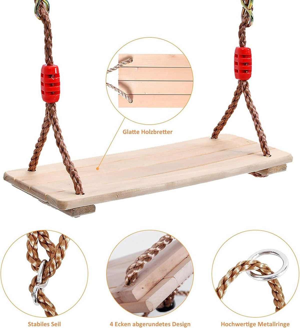 Holz Schaukelsitz mit Einstellbarem Seil bis 150 kg, Kinderschaukel Garten Brettschaukel, sicher und einfach zu