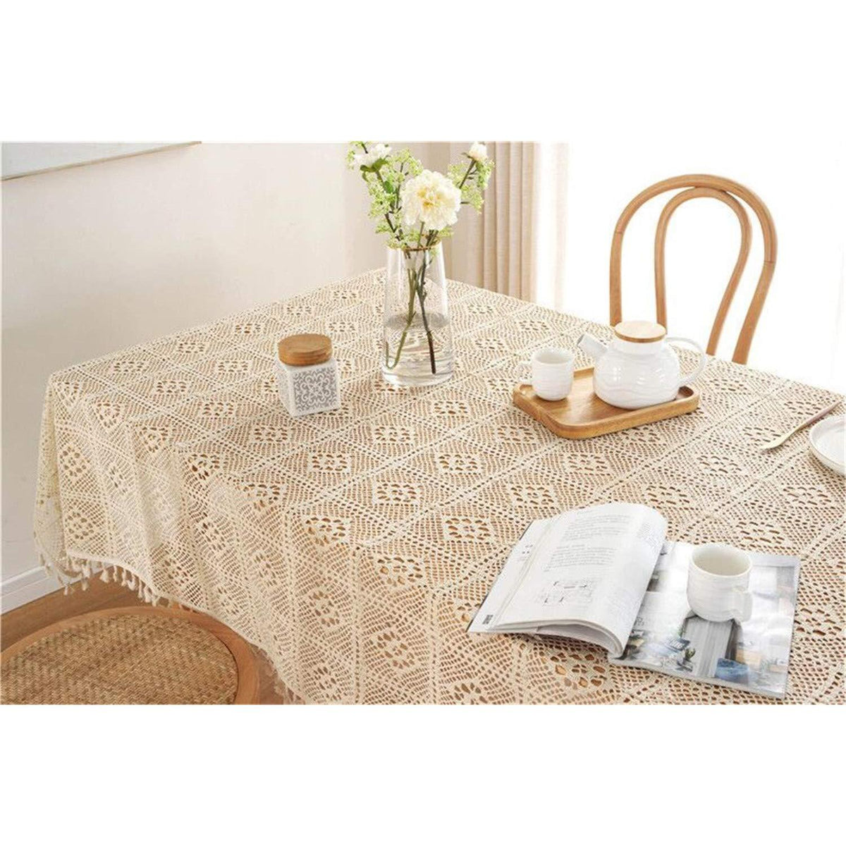 Gehäkelte Tischdecke Rechteckig Baumwolle Beige 140x220 cm