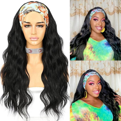 Synthetische Body Wave Stirnband Perücke – Lang, Schwarz, 26 Zoll