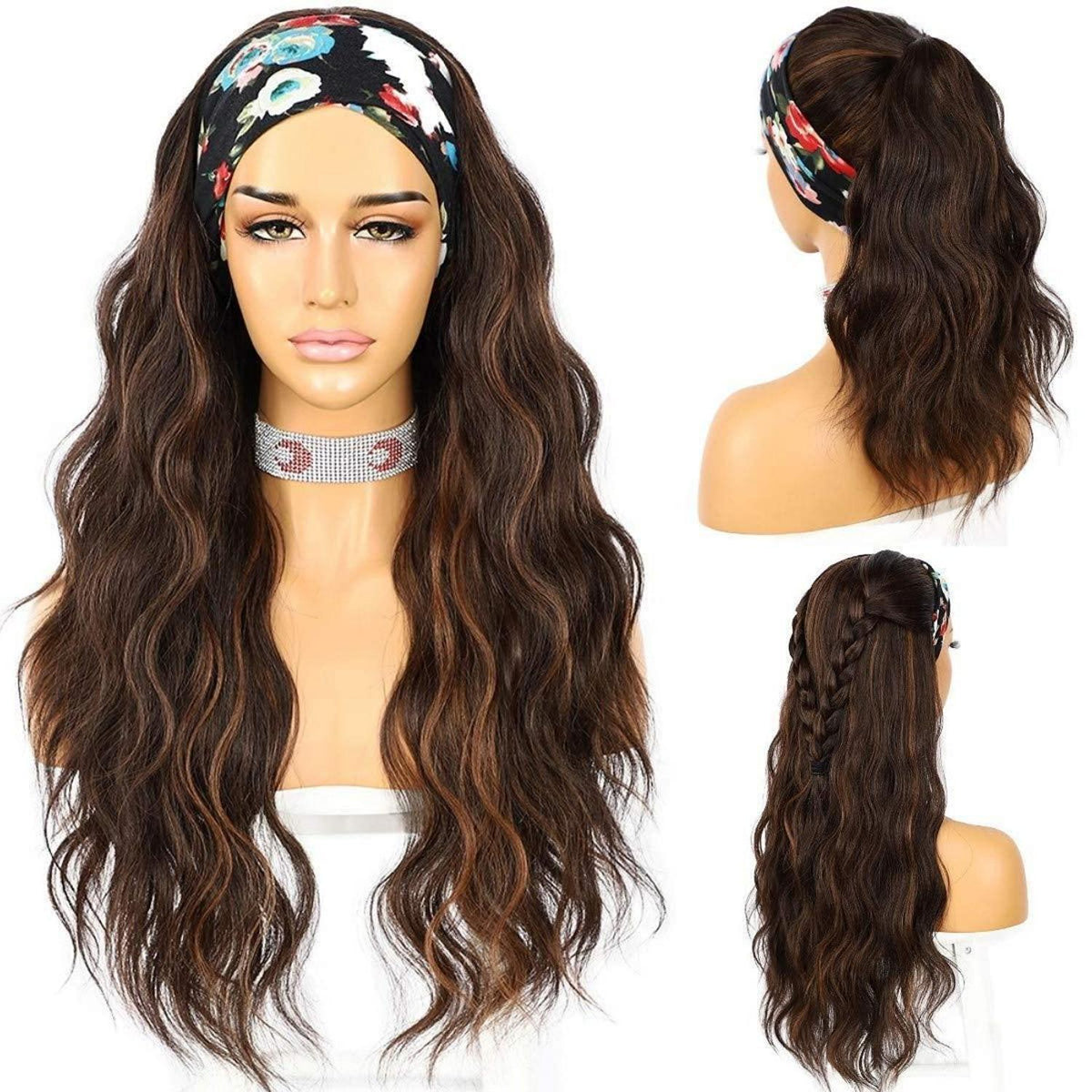 Synthetische Body Wave Stirnband Perücke Braun 26 Zoll