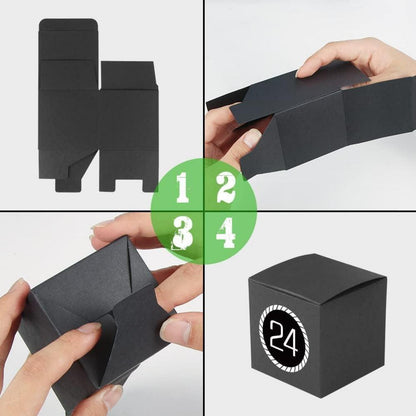 Adventskalender zum Befüllen, 24 schwarze Boxen mit Zahlenaufklebern