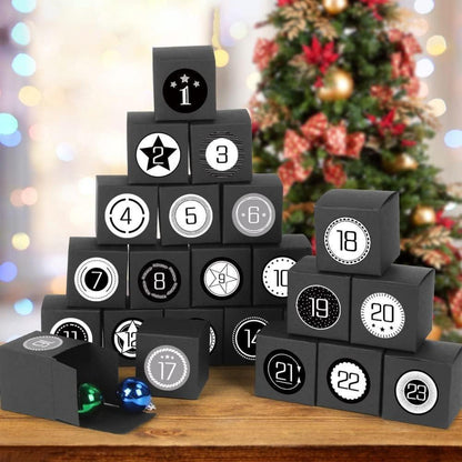 Adventskalender zum Befüllen, 24 schwarze Boxen mit Zahlenaufklebern