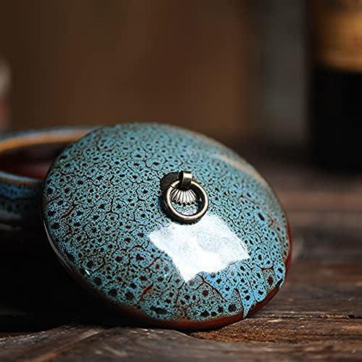 Keramik Aschenbecher mit Deckel, winddicht, blau