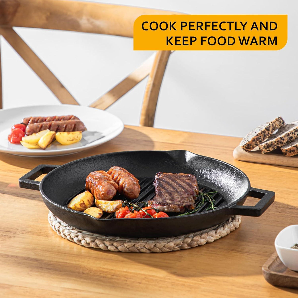 Velaze Gusseisen Grillpfanne BBQ Camping Garten 38.5x31 cm Ø 32 cm