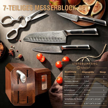 7-tlg Damastmesser Set mit Block | Küchenmesser aus Damaststahl