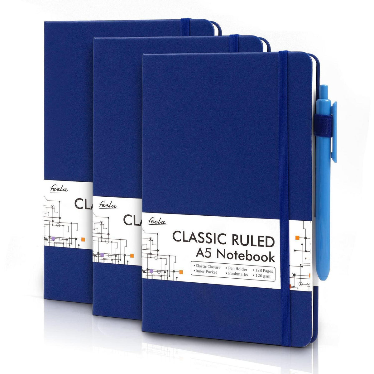 Liniertes Notizbuch-Set mit Stiften – A5 Tagebuch Marineblau