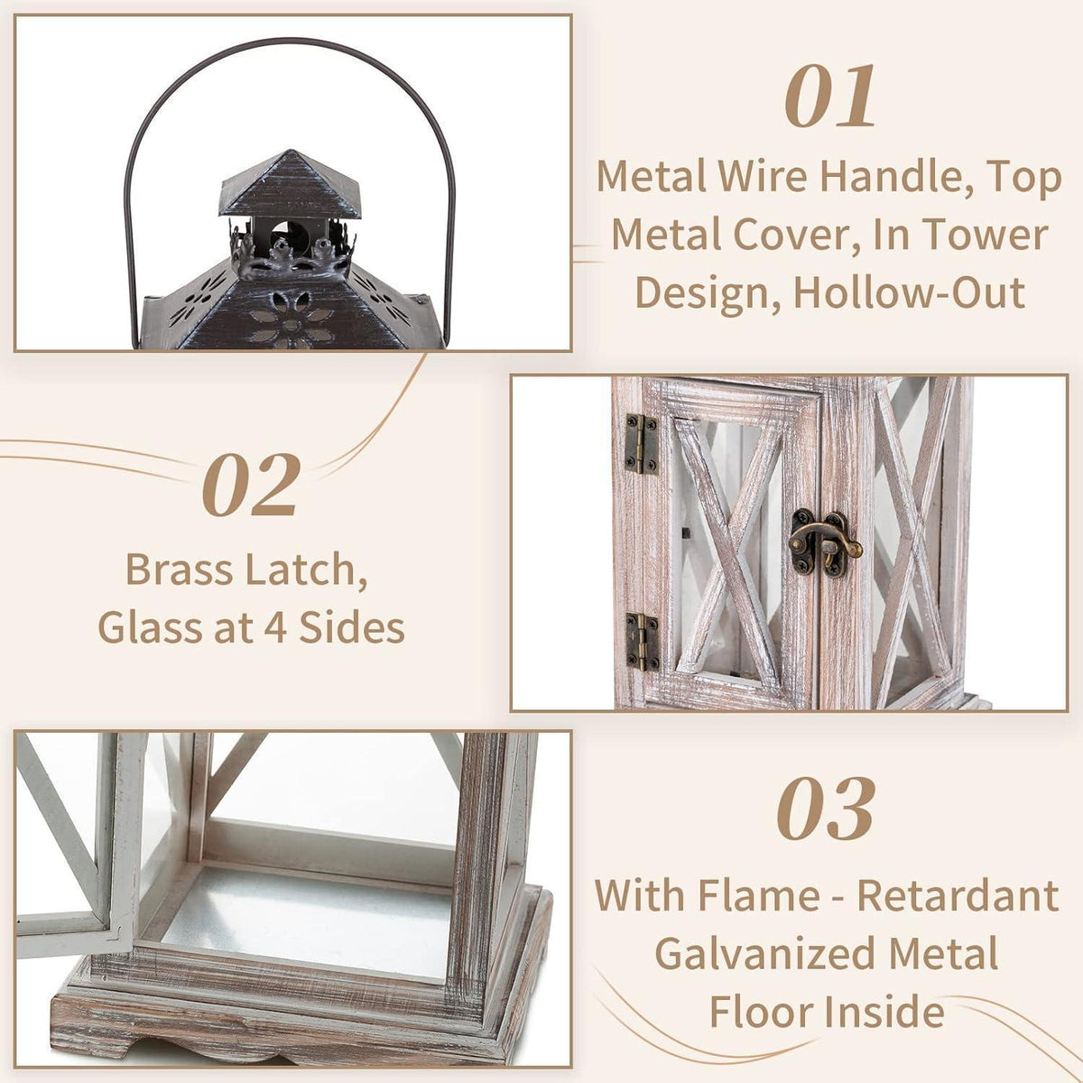 Holz Metall Laterne 48cm Rustikal Bauernhaus Windlicht Hängend Antik Beige