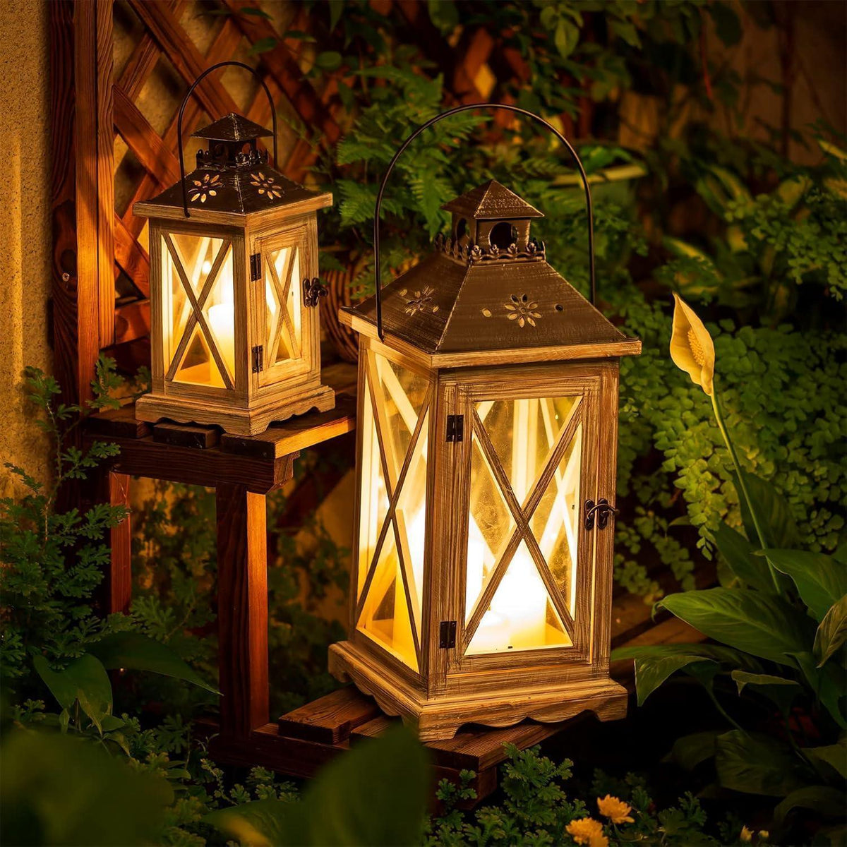Holz Metall Laterne im Landhausstil, 2er Set, Antik Beige