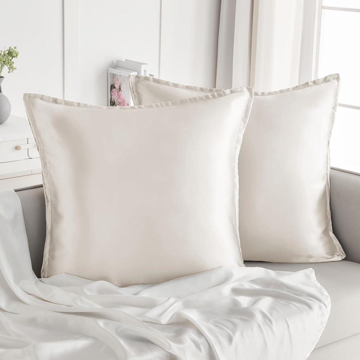 Satin Kissenbezug 80x80 2er Set Beige Weich Seidig für Lockiges Haar