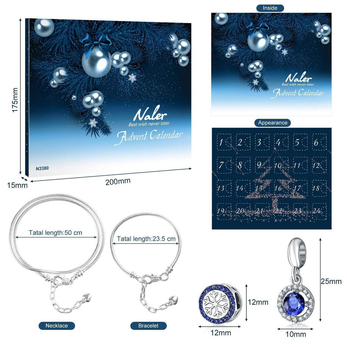 Blauer Schmuck Adventskalender mit 24 Charms & Ketten