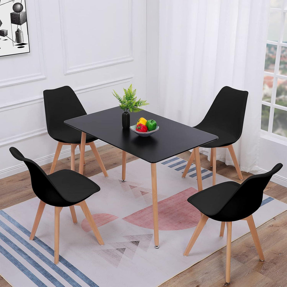 Nordisches Esstisch-Set mit 4 Stühlen – Weiß & Schwarz