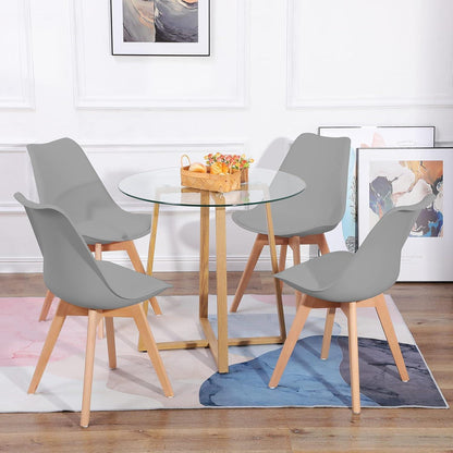 Runder Glastisch mit 4 Grau Stühlen – Essgruppe 80x80cm