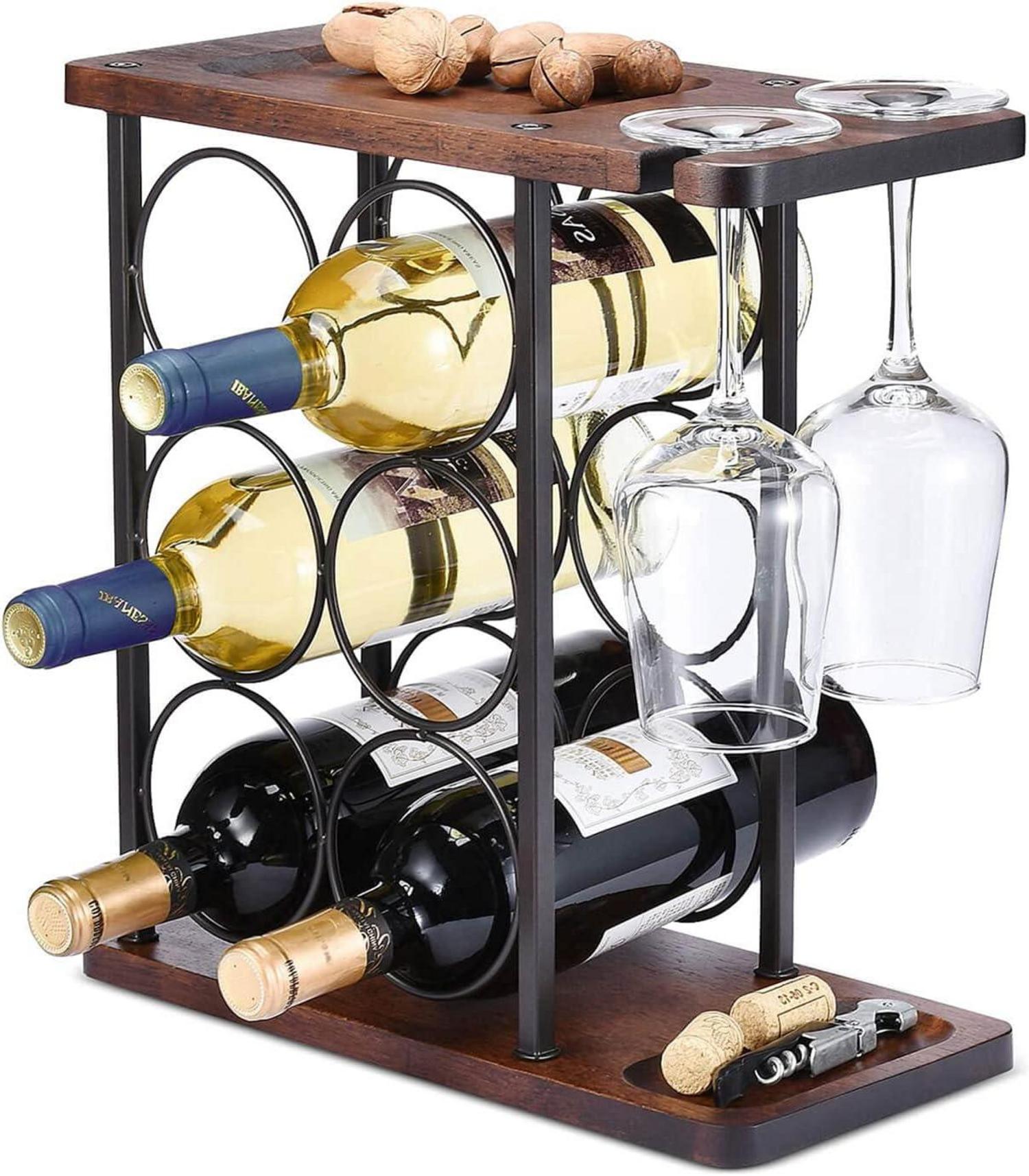 Weinregal mit Glashalter und Tablett, freistehend, Holz