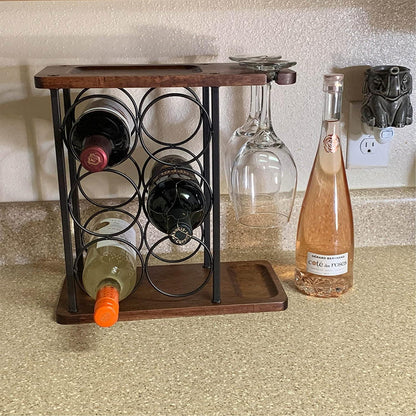 Weinregal mit Glashalter und Tablett aus Holz - Platz für 6 Flaschen und 2 Gläser