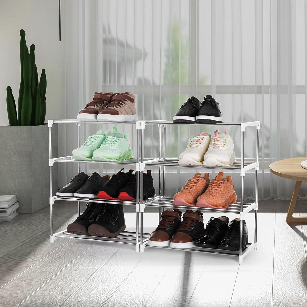 Xerhnan Schuhregal für 8 Paar Schuhe, Weiß, 4 Ebenen, platzsparende Aufbewahrung