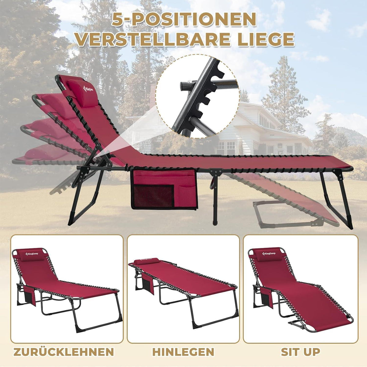 KingCamp Campingliege Sonnenliege Gartenliege mit verstellbarem Rückenteil und Kopfkissen, 2er Set Weinrot