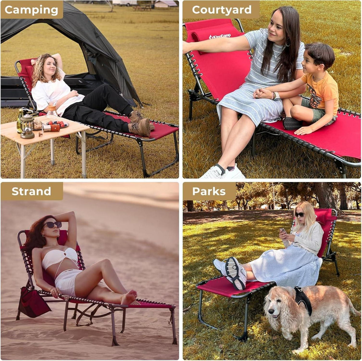 KingCamp Campingliege Sonnenliege Gartenliege mit verstellbarem Rückenteil und Kopfkissen, 2er Set Weinrot