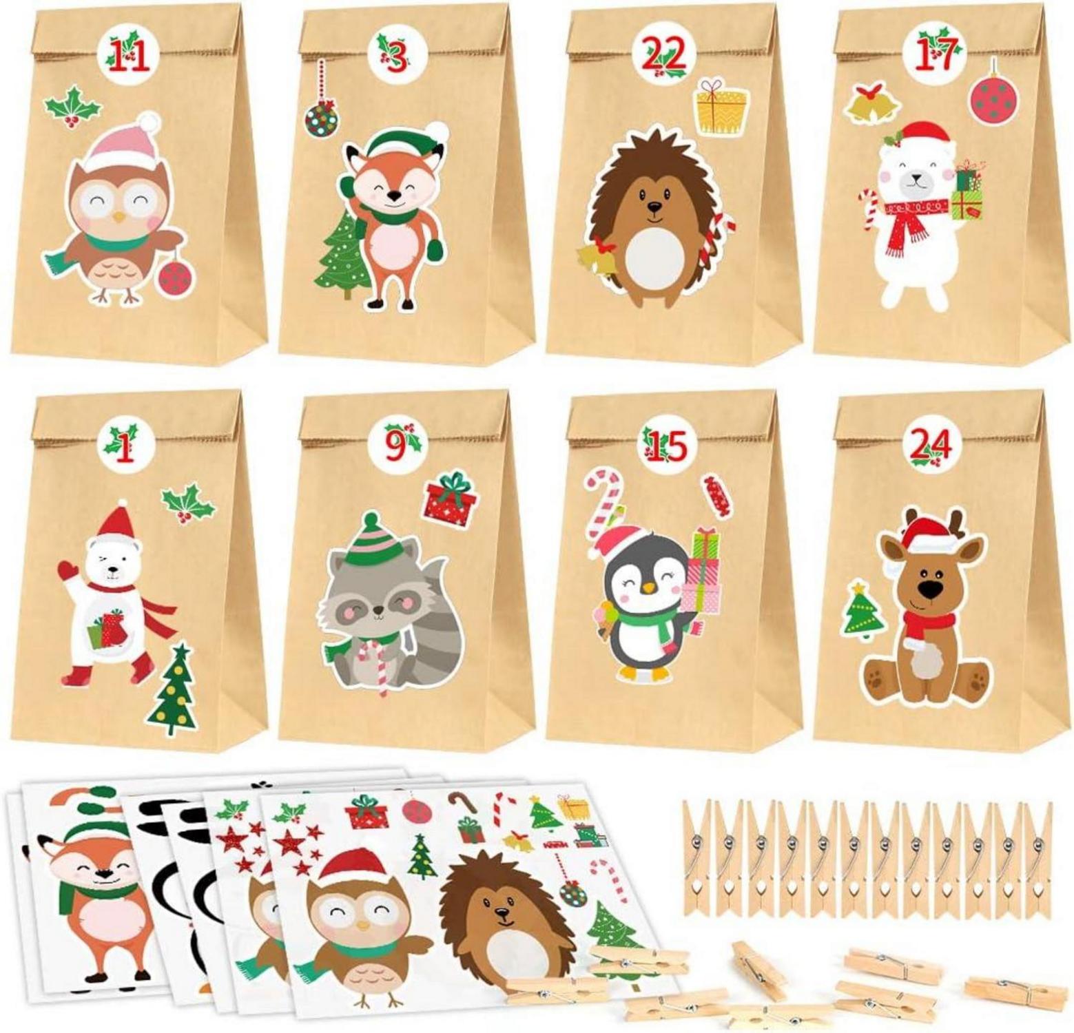 Adventskalender Kraftpapiertüten mit Waldtiere-Aufklebern