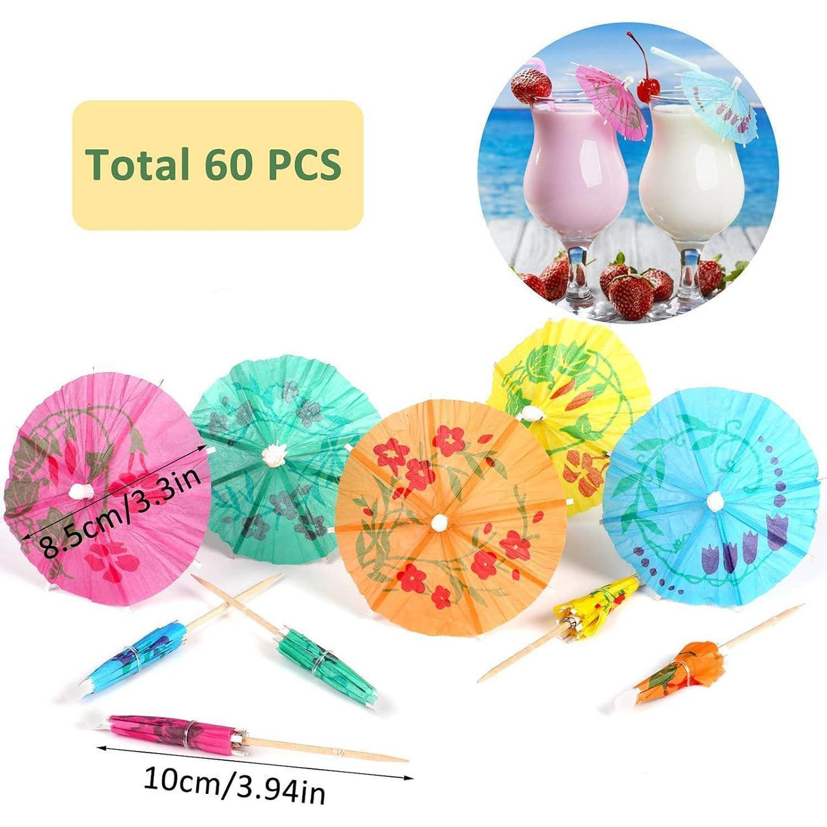 60 Cocktail Schirmchen - Bunte Papierschirmchen für Bar & Party