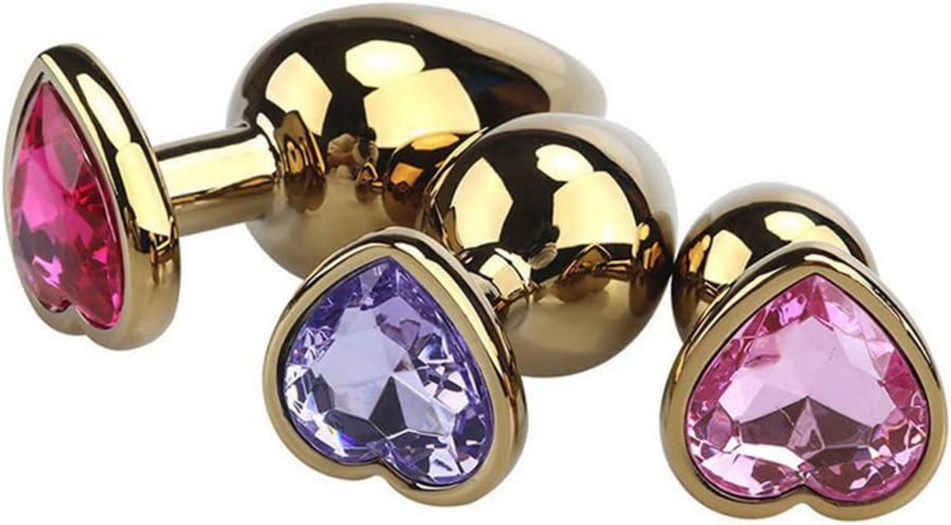 Herz Analplug Set Viele Farben Kristall 3 Größen Gold Butt