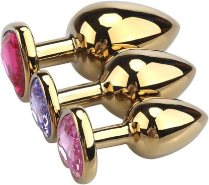 Gold Analplug Set Kristall Herzförmig Butt Plug 3 Größen Hotpink S