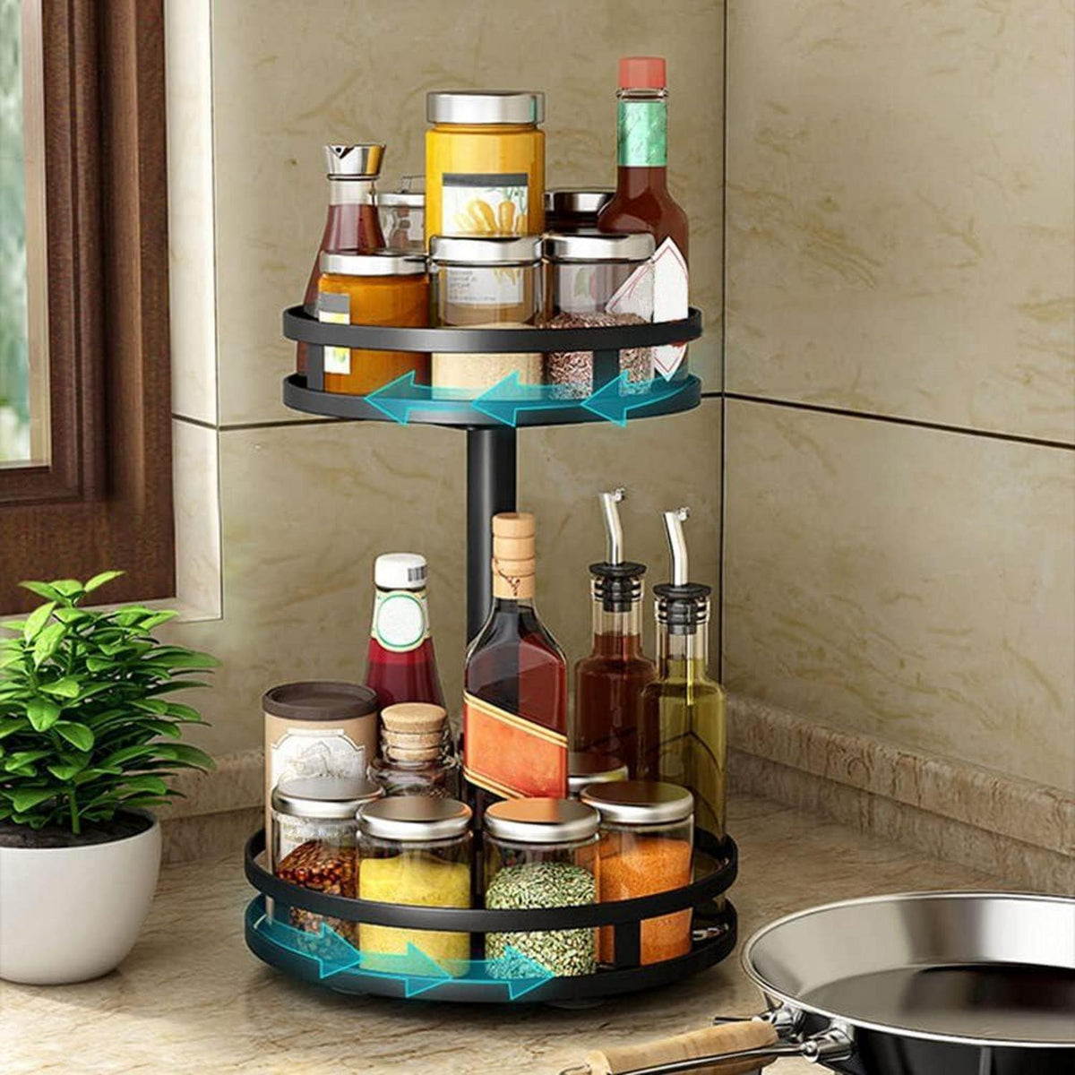 Drehbares Gewürzregal mit 2 Etagen Schwarz Lazy Susan