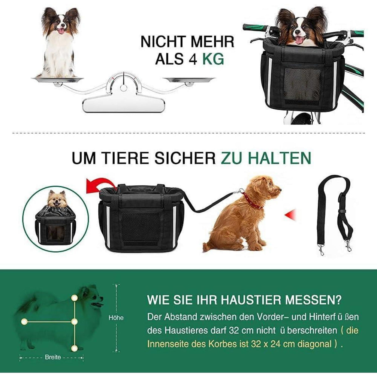Hundekorb Fahrrad Vorne mit Sicherheitsgurt & Regenschutz