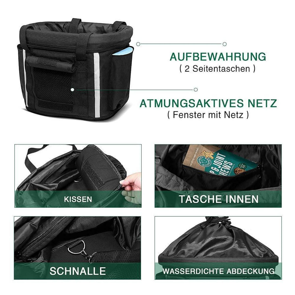 Hundekorb Fahrrad Vorne mit Sicherheitsgurt & Regenschutz