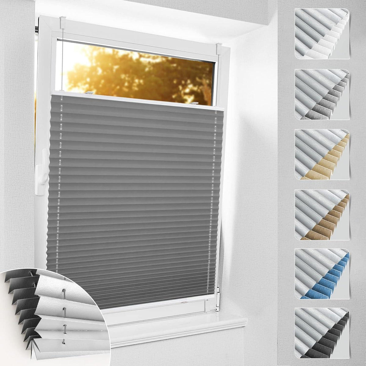 Verdunkelndes Plissee ohne Bohren Klemmfix Grau 85x230 cm Thermo Sichtschutz