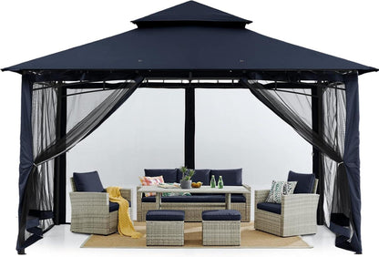 Doppeldach Gartenpavillon mit 4 Netz Marineblau