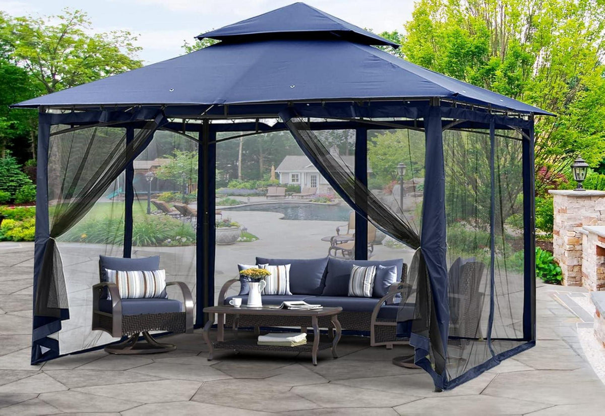 Gartenpavillon Pavillon Doppeldach 3x3,6m Marineblau 4 Netz Garten Hof