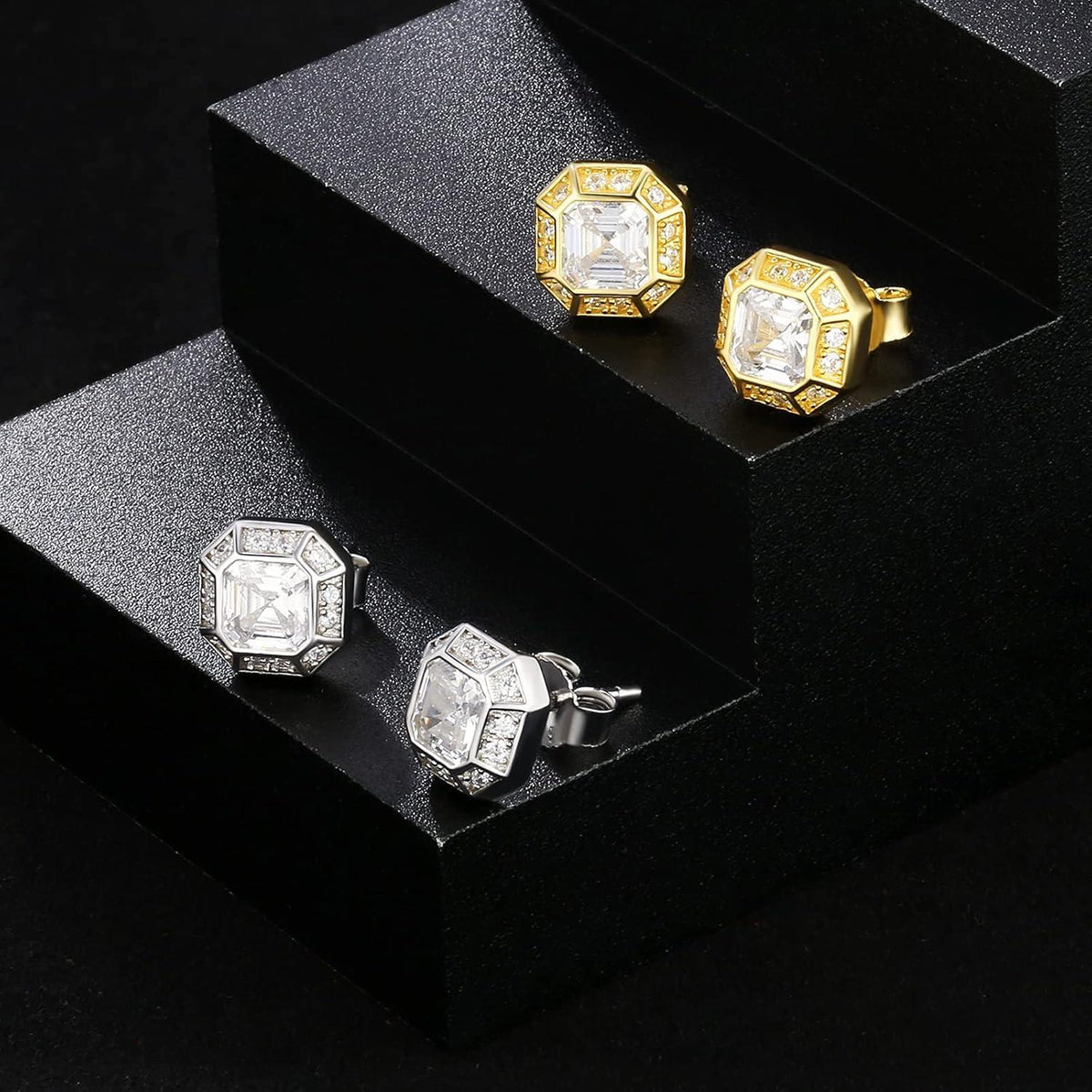Herren Silber Ohrringe Iced Out Zirkonia Steinen 925 Gold/Weißgold