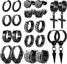 11er Set Edelstahl Ohrringe Ohrstecker Creolen Schwarz Unisex
