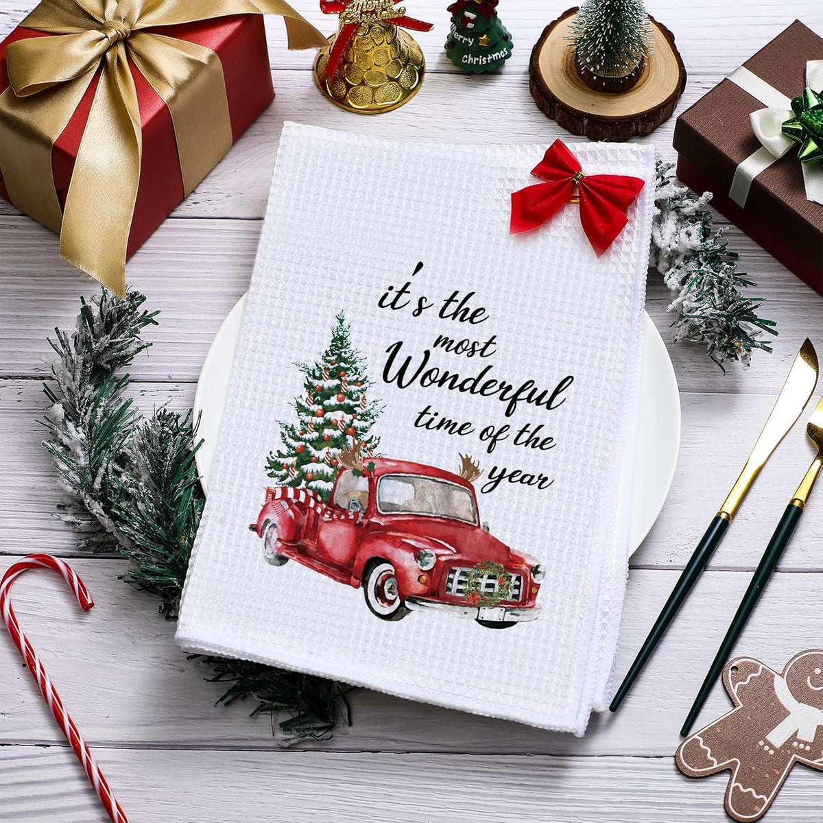 2 Weihnachts Rote LKW Tücher Waffel Küchen Handtücher 15,7 x 23,6 Zoll