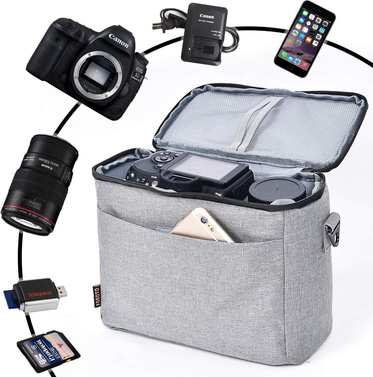 FOSOTO DSLR-Kameratasche Klein Grau für Nikon Canon Sony