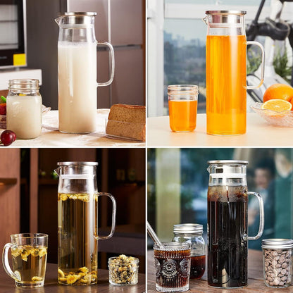 Miudeco Glaskaraffe 1,5 Liter Transparenter Wasserkrug mit Edelstahldeckel