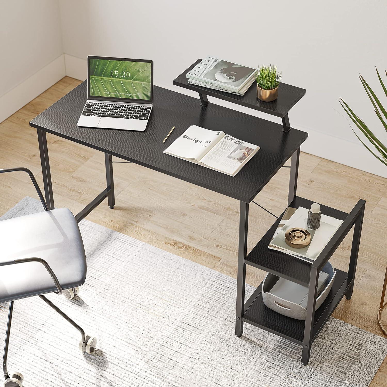 Kleiner Schreibtisch 80x50 cm mit Regalen und Monitorständer, Schwarz
