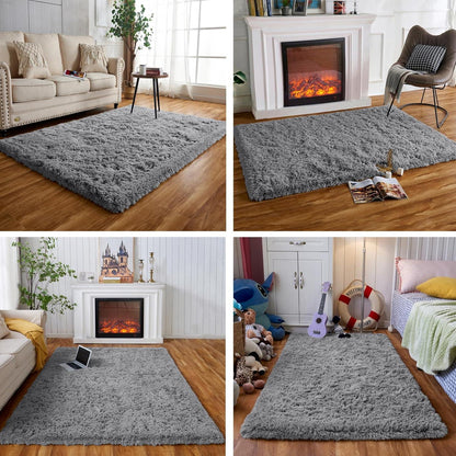 Hochflor Teppich Grau Langflor für Schlafzimmer Wohnzimmer
