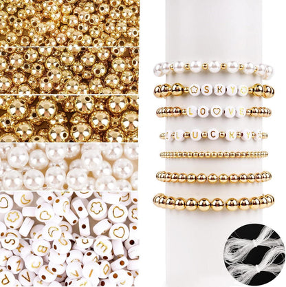 1600-Teiliges Acrylperlen Set Gold Weiß Buchstaben Gemustert DIY