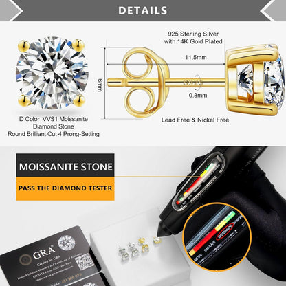 Moissanit Diamant Ohrstecker 925 Silber Damen VVS1 D 14K Gold 6,5mm