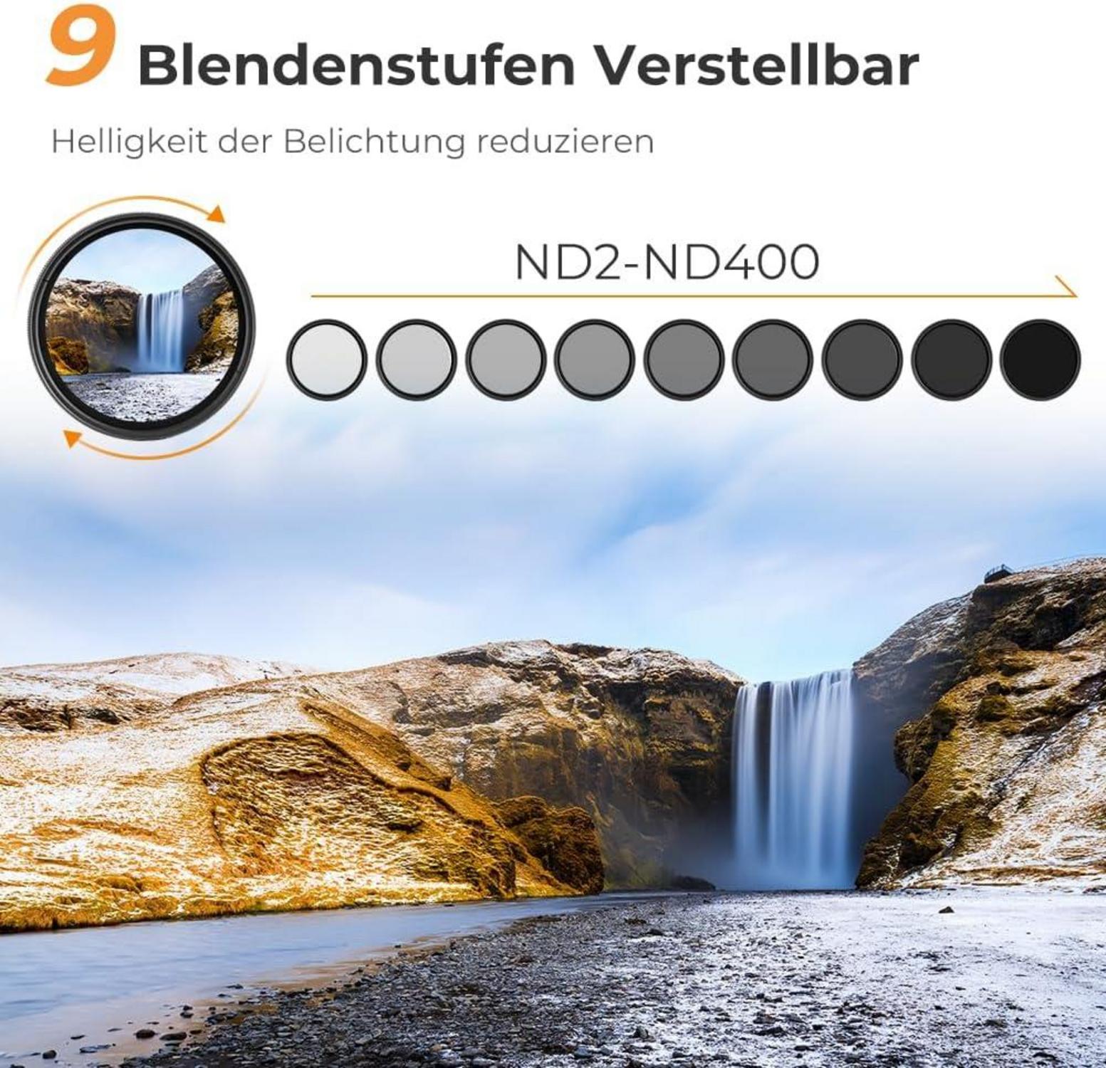 Variabler ND Filter 49mm ND2-400 für Bewegungsunschärfe