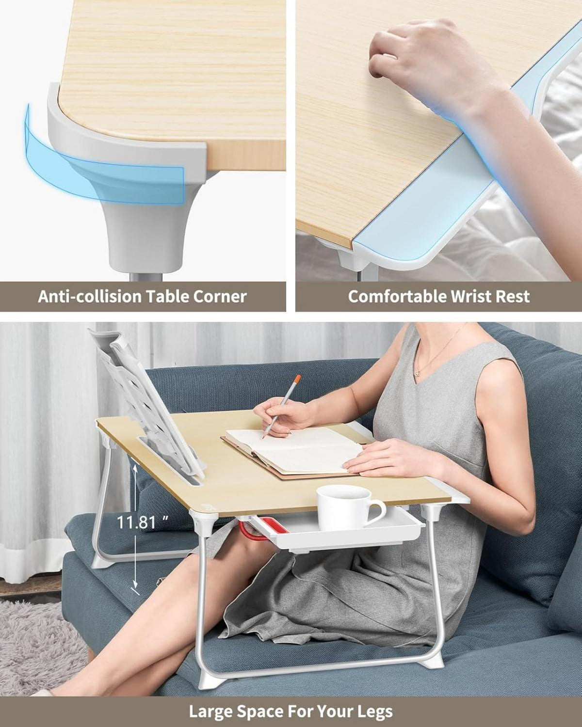 SAIJI Laptop Tablett Bett Tisch klappbar XXL mit Schublade - Teak