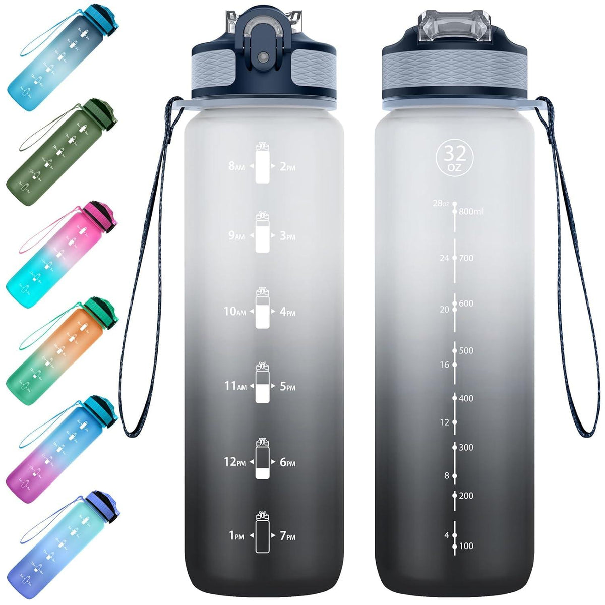 Sport-Wasserflasche mit Strohhalm und Zeitmarkierungen, BPA-frei