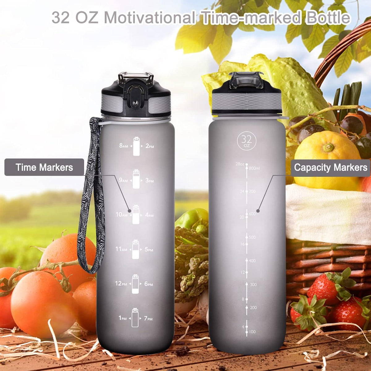 Sport Wasserflasche 1L Strohhalm Zeitmarkierungen auslaufsicher Tritan BPA-frei