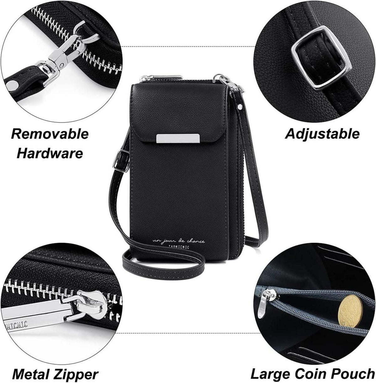 Handytasche Damen Umhängetasche mit Geldbörse PU Leder Crossbody Tasche Schwarz