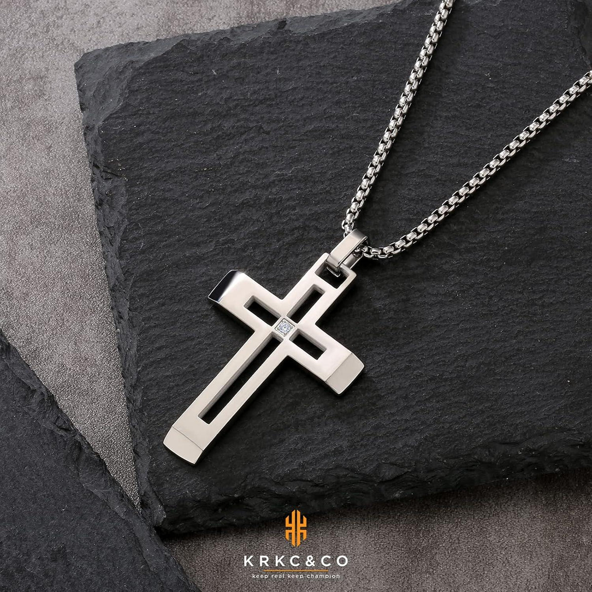 KRKC&CO Kreuz Anhänger Kette 61cm Gold Weißgold plattiert Hip Hop Geschenk Zirkonia