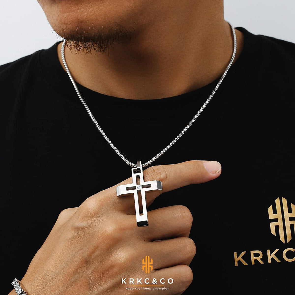 KRKC&CO Kreuz Anhänger Kette 61cm Gold Weißgold plattiert Hip Hop Geschenk Zirkonia