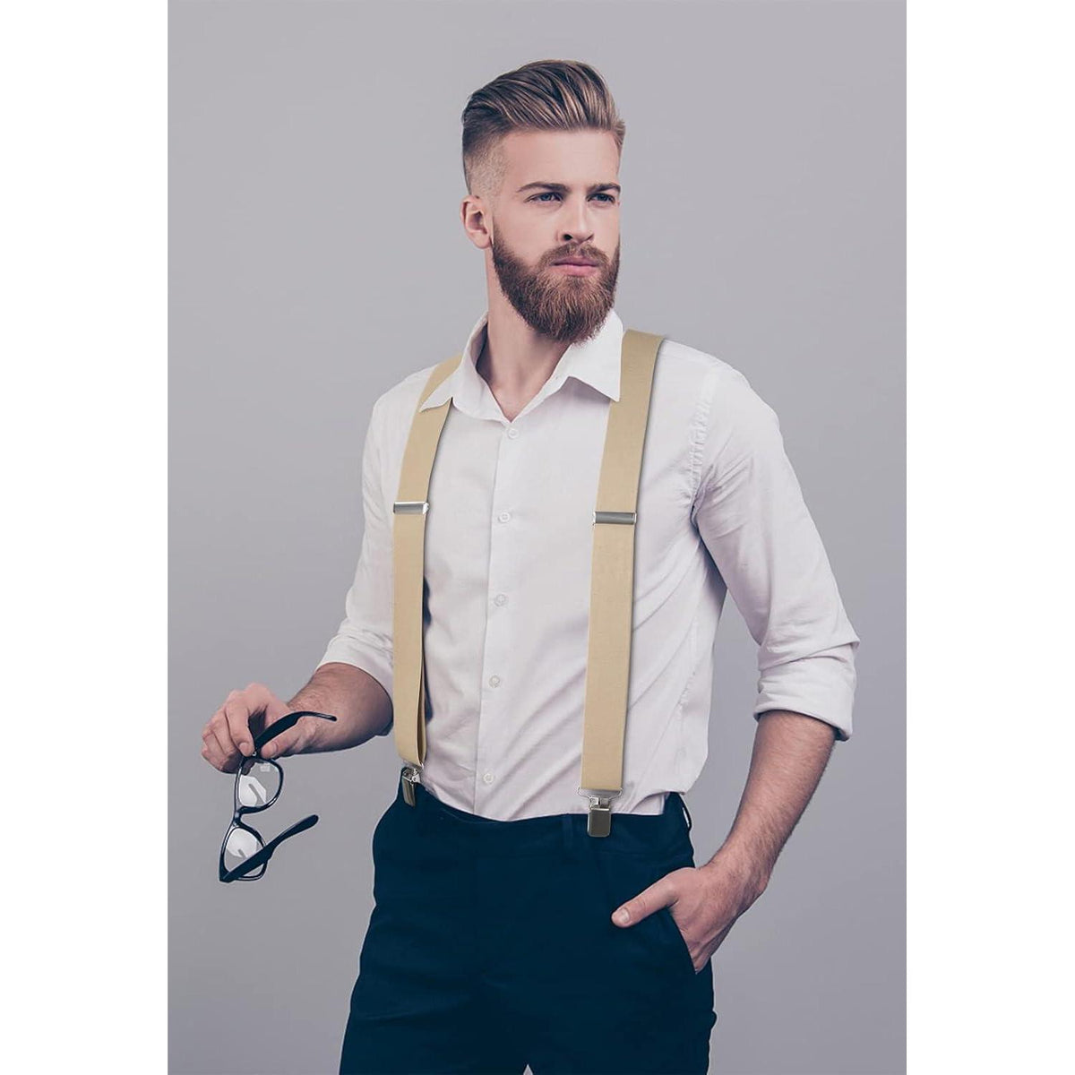 HISDERN Hosenträger Herren 5cm Breit X-Form Beige Einstellbar